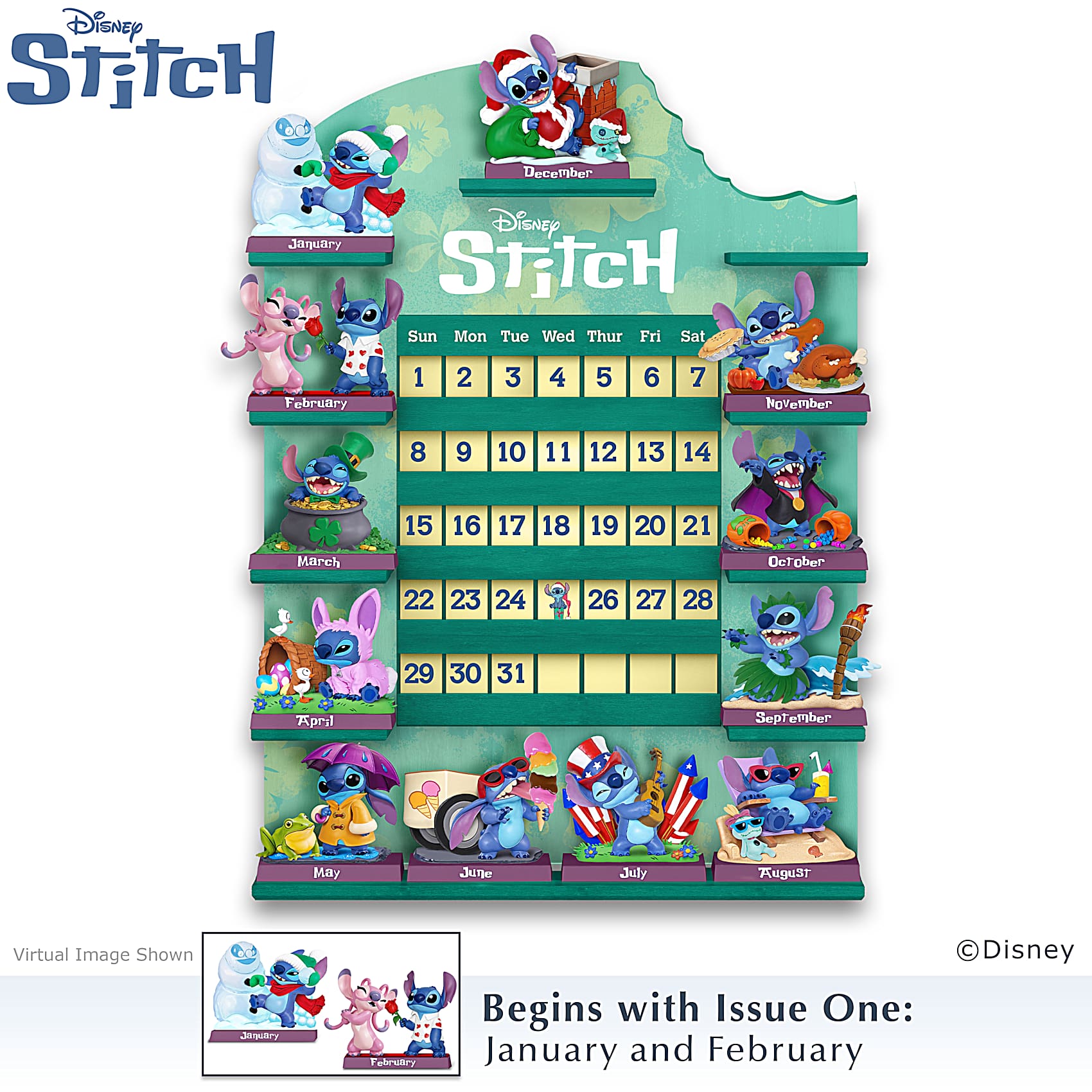 ディズニーストア　ディズニー スティッチ 万年カレンダー フィギュア Perpetual Calendar Featuring Disneys Stitch Figurines, Month