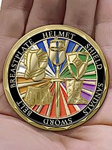 A two-sided removable Challenge Coin accompanies each knight