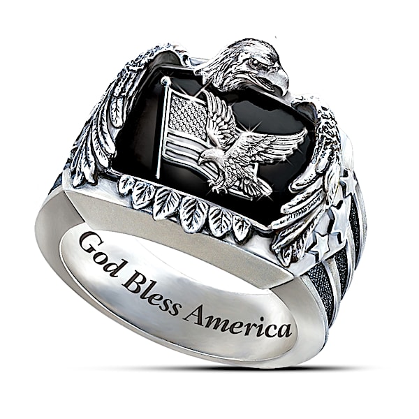 Patriotic American Eagle Men's Sterling Silver Ring