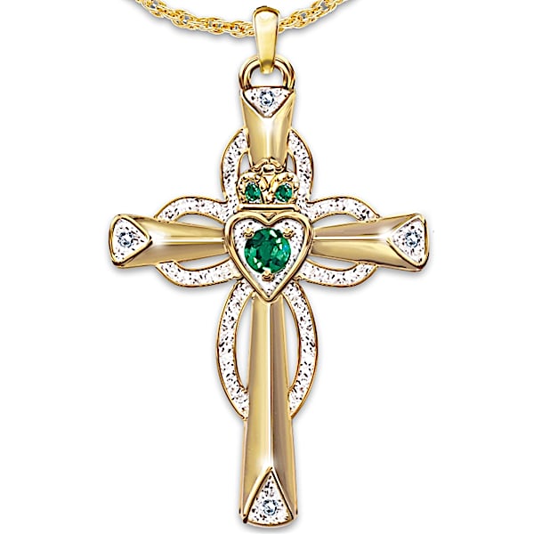 Thomas Kinkade Emerald & Diamond Claddagh Cross Pendant Necklace