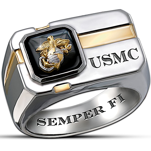 "For My Marine" Sterling Silver And Black Onyx Men's Ring