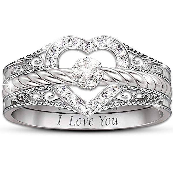 "I Love You" Heart-Shaped Diamond Stacking Rings