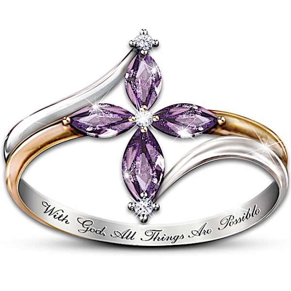 The Holy Trinity Amethyst And Diamond Women's Cross Ring