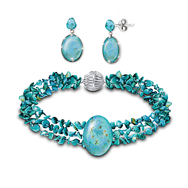 True Blue Genuine Turquoise Bracelet And Earrings Set