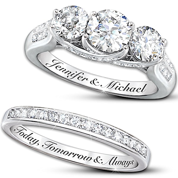Diamonesk Personalized Engraved Engagement Ring And Wedding Band Set - Personalized Jewelry