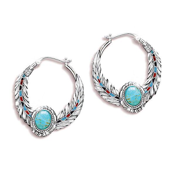Sedona Sky Genuine Turquoise Cabochon Women's Hoop Earrings