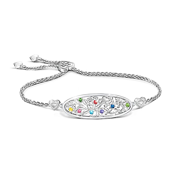 Our Loving Family Tree Women's Personalized Sterling-Silver Plated Bolo Bracelet Featuring Up to 8 Crystal Birthstones & Engrave
