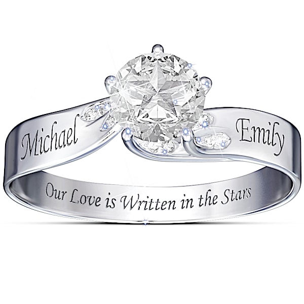 Our Love Is Written In The Stars Engraved Personalized White Topaz Women's Ring - Personalized Jewelry