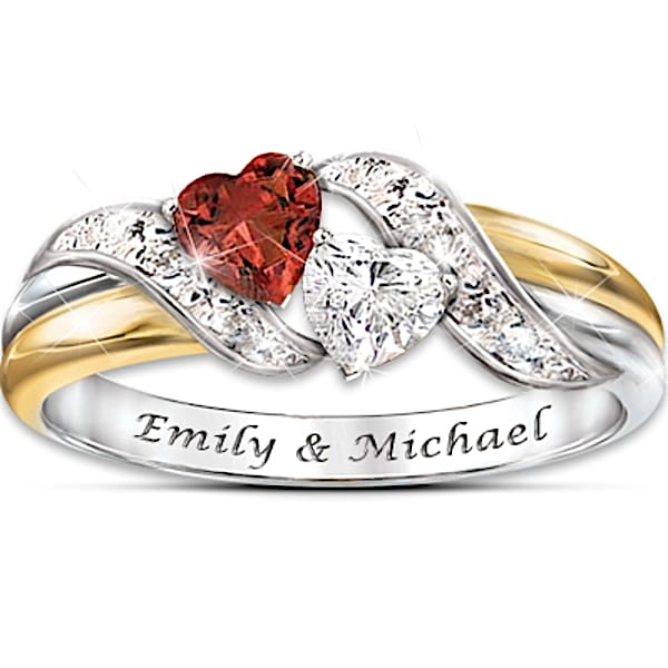 Hearts Of Love Red Garnet And White Topaz Personalized Embrace Women's Ring - Personalized Jewelry