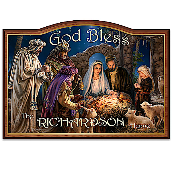Dona Gelsinger "God Bless Our Home" Nativity Art Personalized Welcome Sign