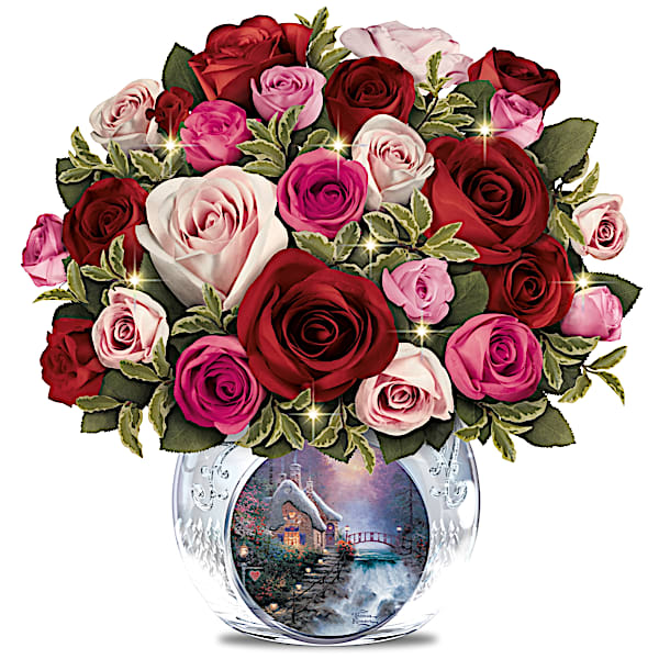 Thomas Kinkade Today, Tomorrow, Always Lighted Hand-Made Floral and Crystal Vase