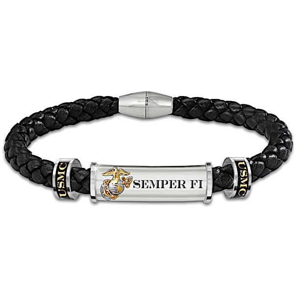USMC Semper Fi Personalized Men's Braided Black Leather ID Bracelet - Personalized Jewelry