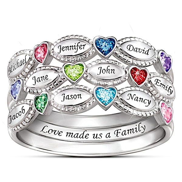 My Family, My Love Personalized Sterling Silver Birthstone Ring Set - Personalized Jewelry