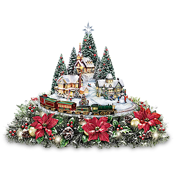 Thomas Kinkade Christmas Village Floral Centerpiece with Lights Music and Motion