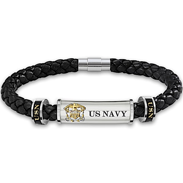 U.S. Navy Personalized Men's Leather ID Bracelet - Personalized Jewelry