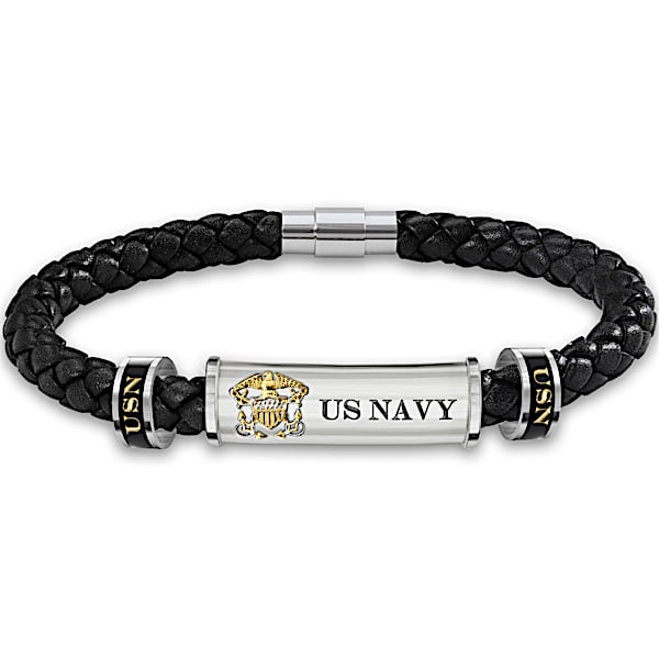 U.S. Navy Personalized Men's Leather ID Bracelet - Personalized Jewelry