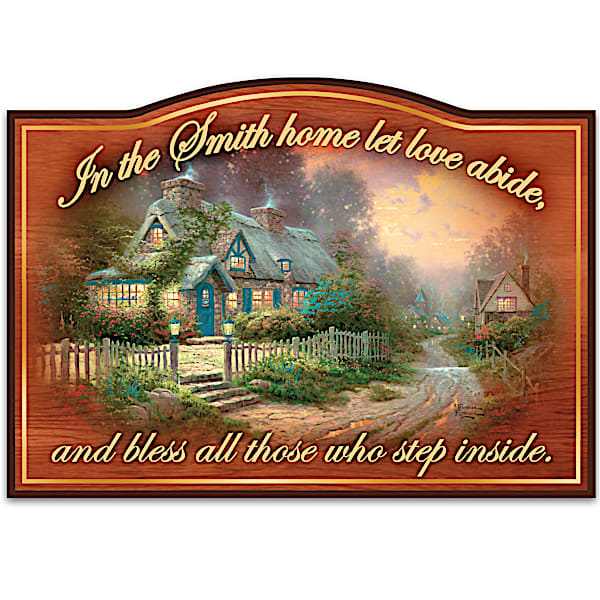 Thomas Kinkade Wooden Welcome Sign Personalized with Family Name: Let Love Abide