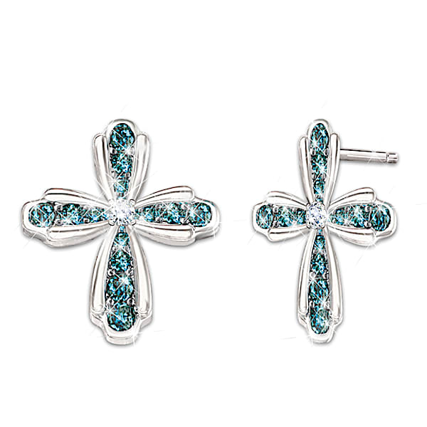 Heavenly Grace Cross-Shaped Blue And White Diamond Earrings