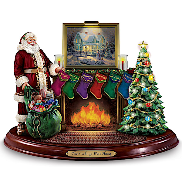 Thomas Kinkade Santa Sculpture with Personalized Stockings Lights and Music