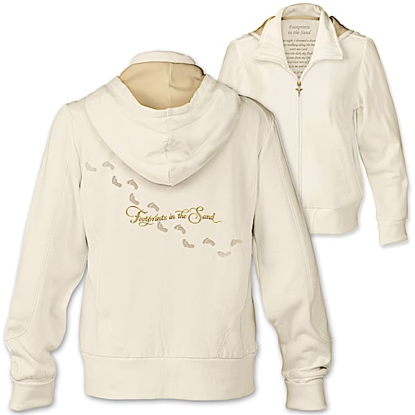 Footprints In The Sand Women's Full Zipper Ivory Hoodie With Poem