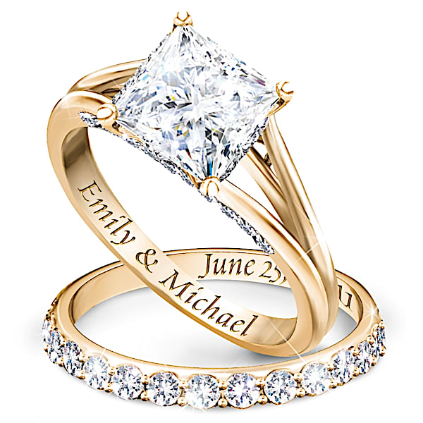 Princess 18K Gold-Plated Personalized Bridal Wedding Ring Set For Women - Personalized Jewelry