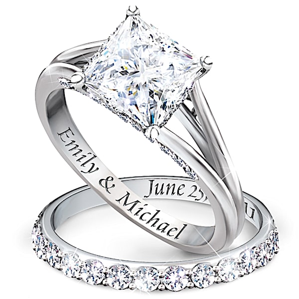 Princess Platinum-Plated Personalized Bridal Wedding Ring Set For Women - Personalized Jewelry