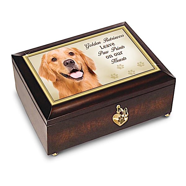 Heirloom Wooden Music Box With Golden Retriever Art