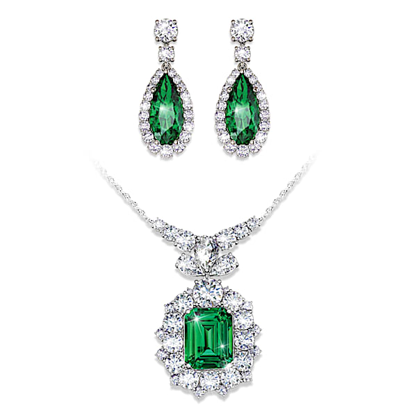 Diamonesk Necklace & Earrings Set with Simulated Emerald and Simulated Diamonds