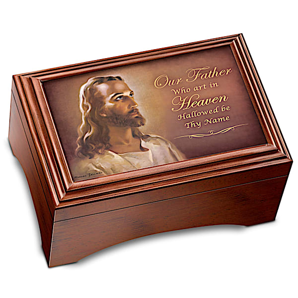 The Lord's Prayer Hand Carved Holy Land Olive Wood Cross & Musical Keepsake Box