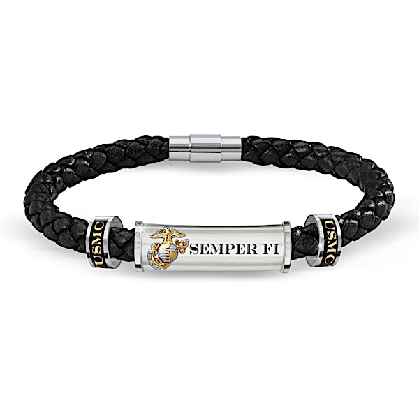 USMC Semper Fi Personalized Leather ID Bracelet - Personalized Jewelry