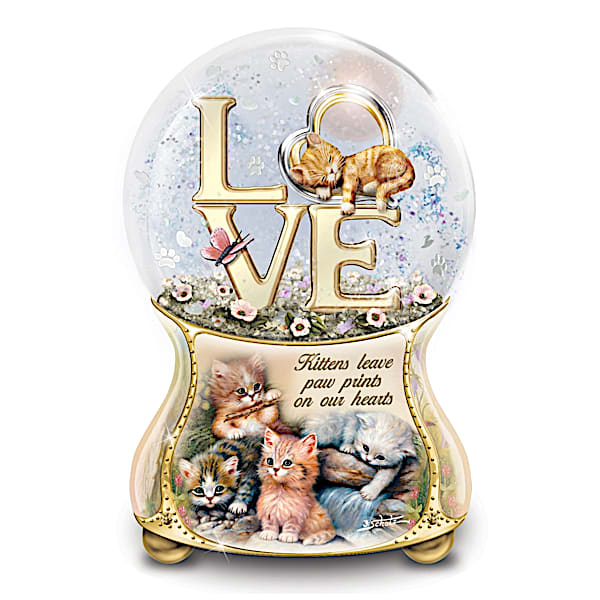 Jurgen Scholz Kittens Leave Pawprints On Our Hearts Musical Glitter Globe