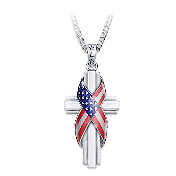 God Bless America Patriotic Cross Diamond Pendant Necklace