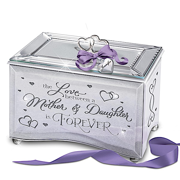 Mirrored Music Box For Daughters: Name Engraved Heart Charm with Purple Ribbon