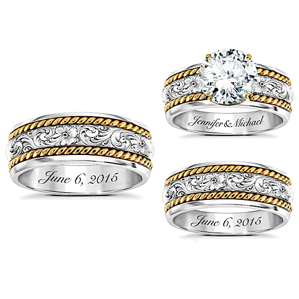 Western Romance His & Hers Personalized Sterling Silver Wedding Ring Set - Personalized Jewelry