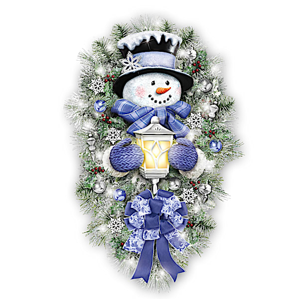 Thomas Kinkade A Warm Winter Welcome Holiday Snowman Wreath Lights Up: 2' Tall