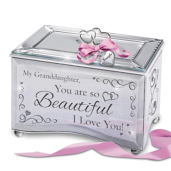Mirrored Music Box for Granddaughters: Personalized Heart Charm and Poem Card