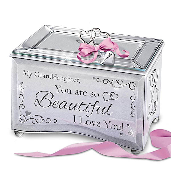 Mirrored Music Box for Granddaughters: Personalized Heart Charm and Poem Card