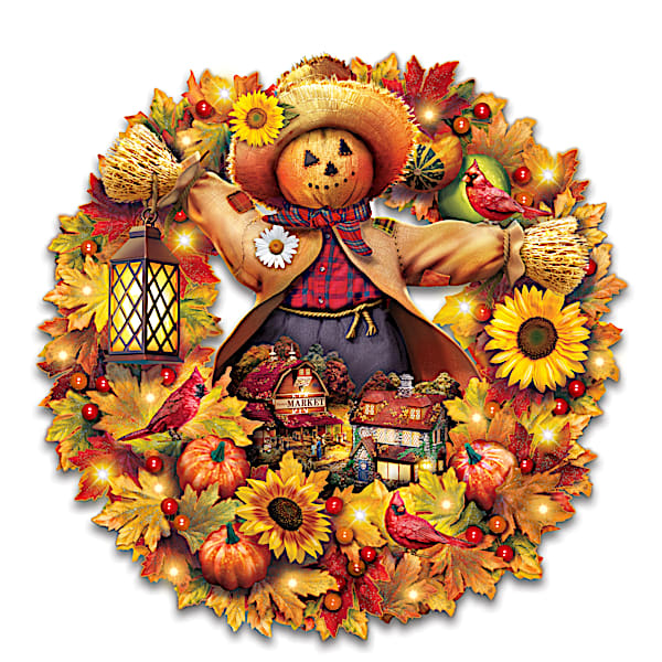 Thomas Kinkade Happy Harvest Days Illuminated Scarecrow Wreath