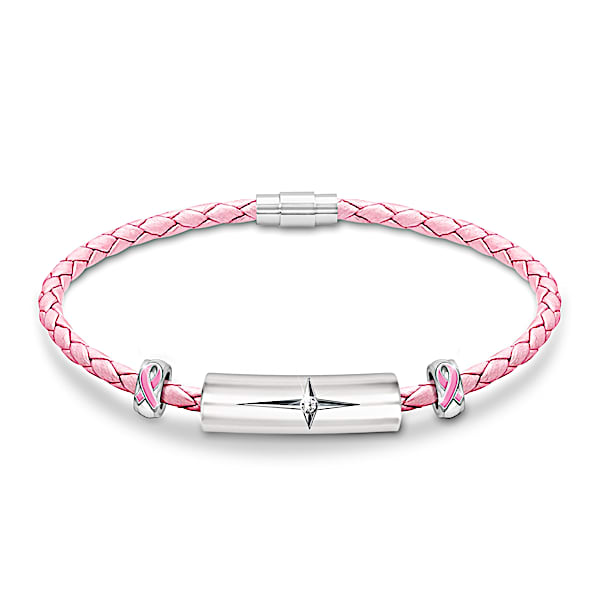 Religious Breast Cancer Awareness Pink Genuine Leather and Diamond Bracelet