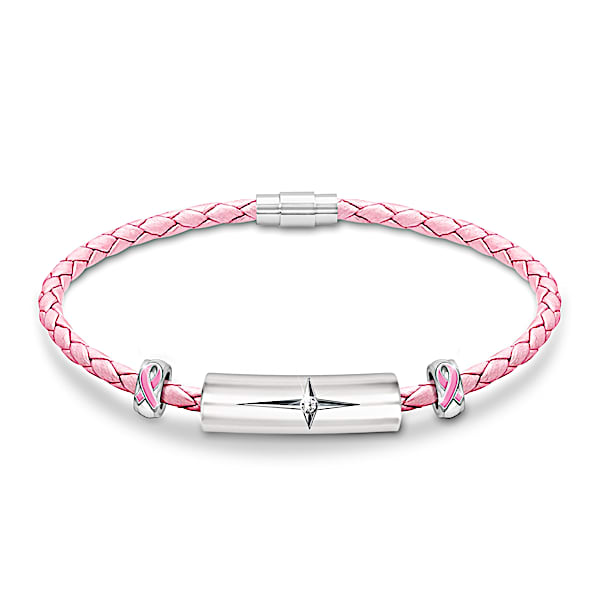 Religious Breast Cancer Awareness Pink Genuine Leather and Diamond Bracelet