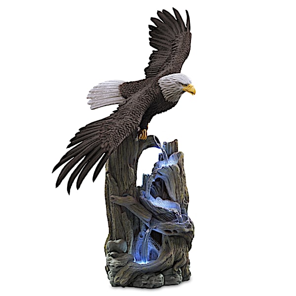 Majestic Waters Illuminated Cold-Cast Stone Eagle Sculpture