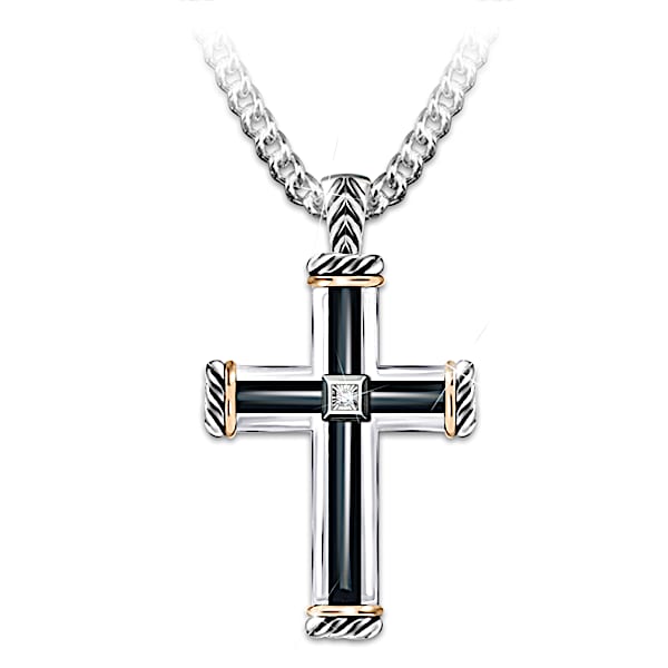 God Is My Strength Men's Religious Diamond Cross Pendant Necklace