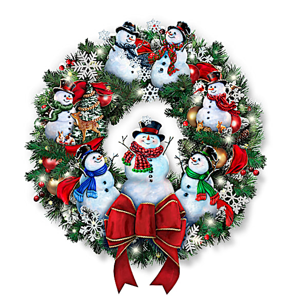 Dona Gelsinger Snow-Kissed Holiday Cheer Illuminated Snowman Wreath