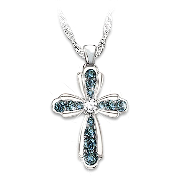 Blessings For My Granddaughter Blue and White Diamond Cross Pendant Necklace