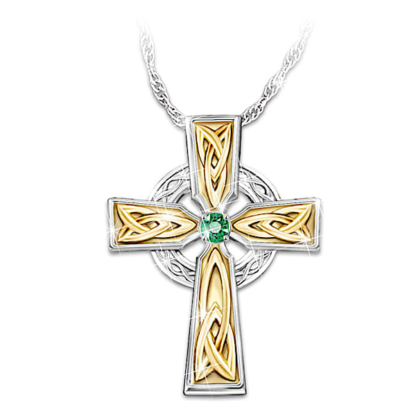 Irish Blessing Women's Celtic Solitaire Emerald Cross Pendant Necklace