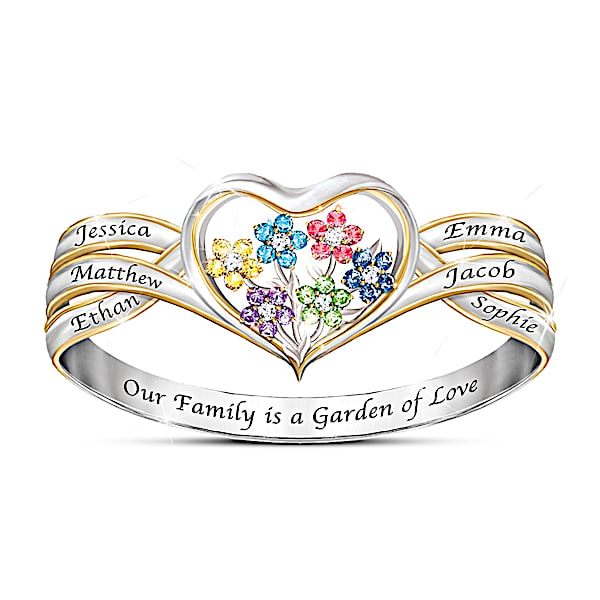 Our Family Is A Garden Of Love Women's Personalized Heart-Shaped Birthstone Ring - Personalized Jewelry