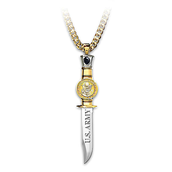 Men's Army Pride Knife Pendant Necklace With Black Onyx Center Stone