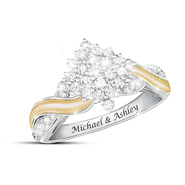 Love, Always And Forever Women's Personalized Sterling Silver Ring With 18K Gold-Plated Accents Featuring A Center Diamond Clust