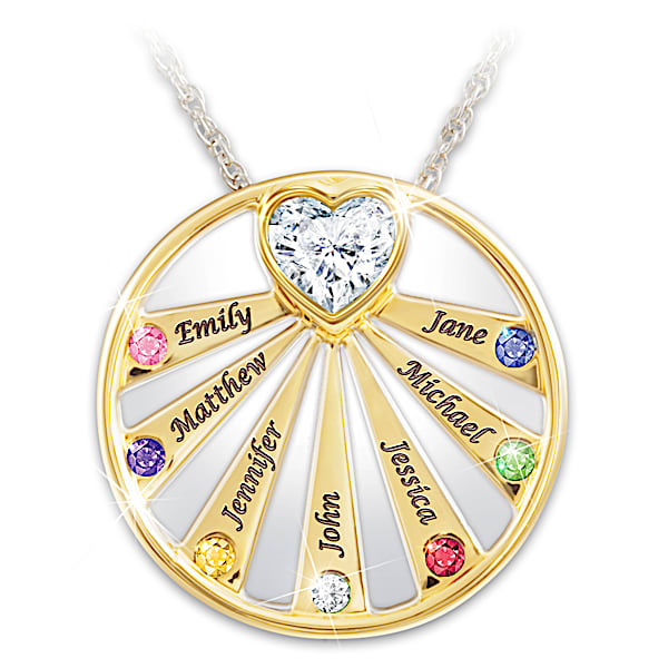My Family, My Sunshine Women's 18K Gold-Plated Round Sun Ray Pendant Necklace Personalized With Up To 7 Crystal Birthstones And