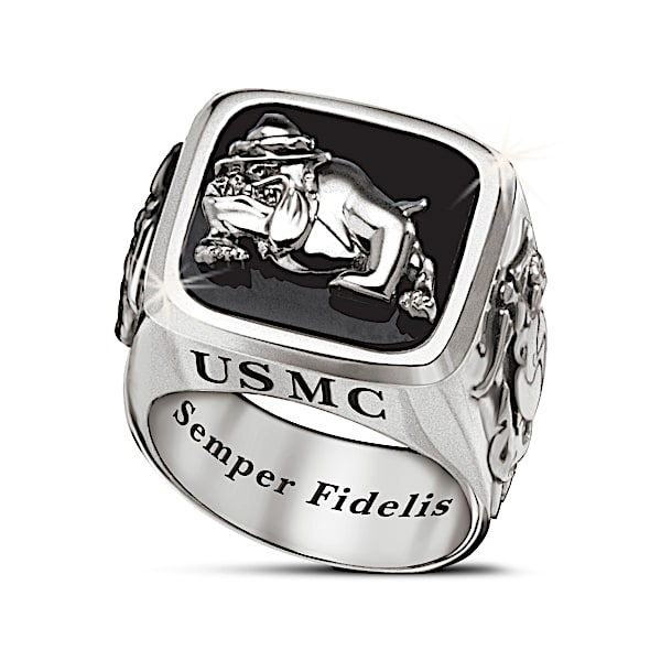 USMC Semper Fi Men's Stainless Steel Ring With Black Onyx Center Stone